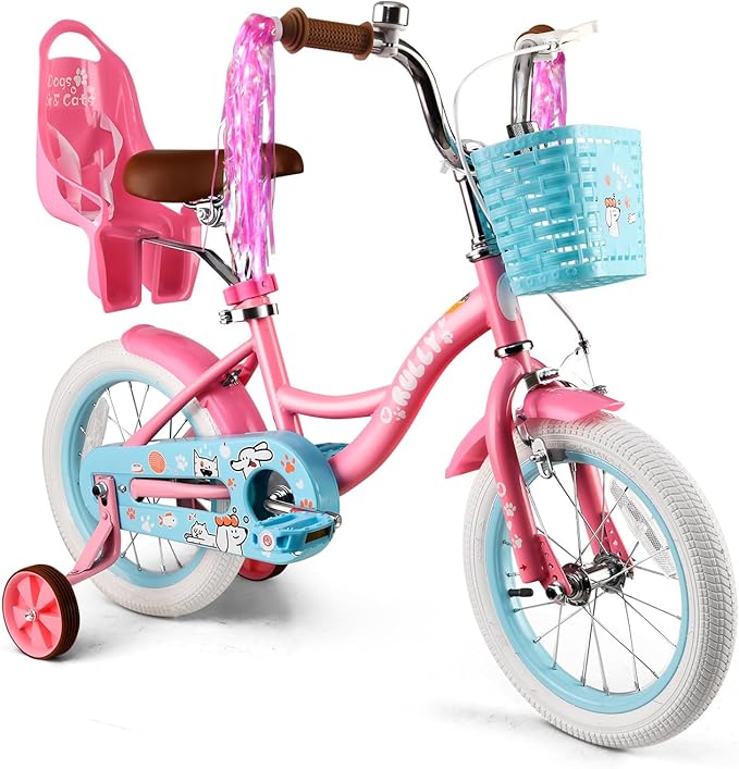RULLY 12-16 Inch Girls Bike with Doll Seat Basket and Training Wheels for 2-6 Years Children