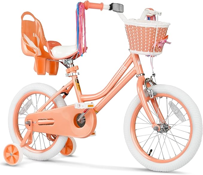 XJD Girls Bike for Toddlers 3-9 Years Old Kids, 12 14 16 Inch Kids Bike with Training Wheels, Streamers, Basket and Doll Seat, Children Bicycles with Handbrake