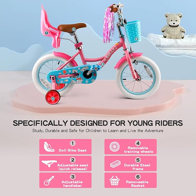 RULLY 12-16 Inch Girls Bike with Doll Seat Basket and Training Wheels for 2-6 Years Children