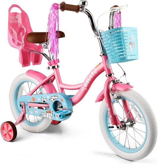RULLY 12-16 Inch Girls Bike with Doll Seat Basket and Training Wheels for 2-6 Years Children